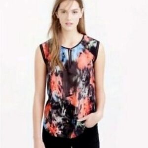 J Crew 100% Silk Keyhole Ladder Stitch Blouse 0 black red blue watercolor floral